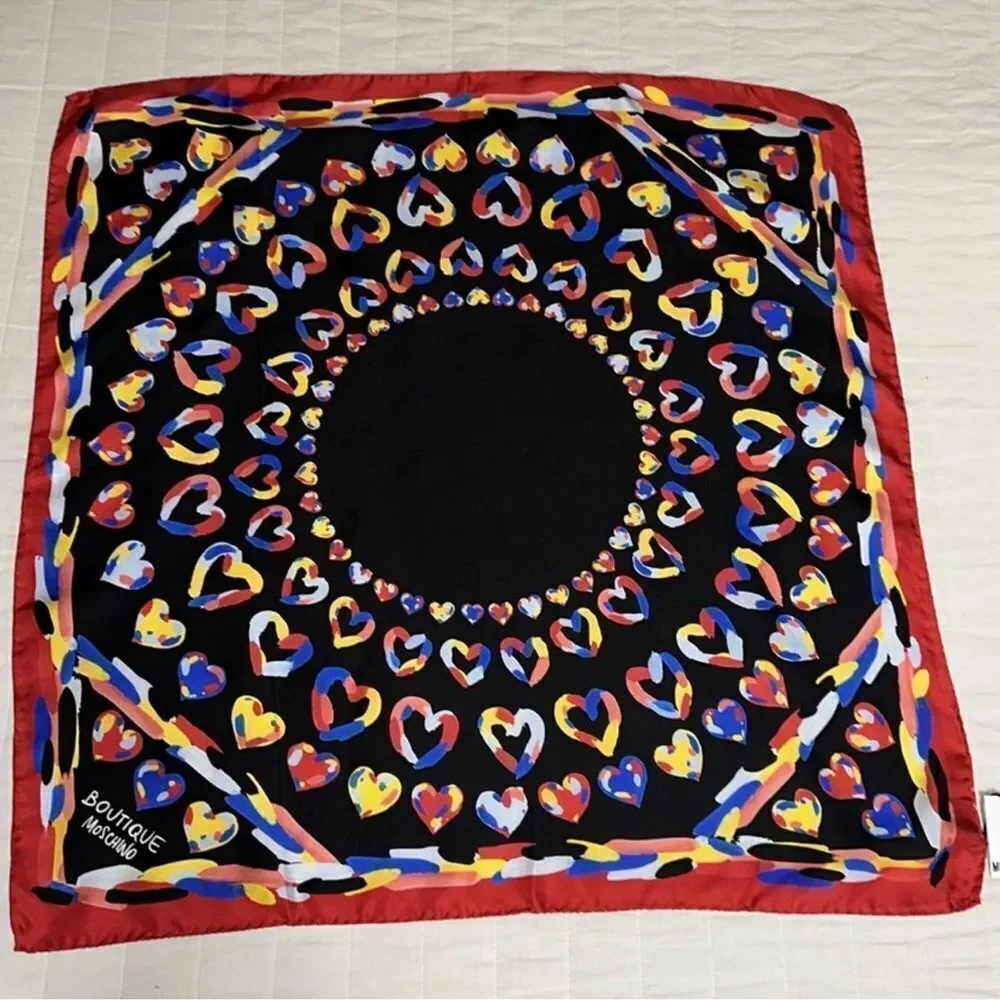 MOSCHINO Red Multicolored Hearts Silk Square Scarf